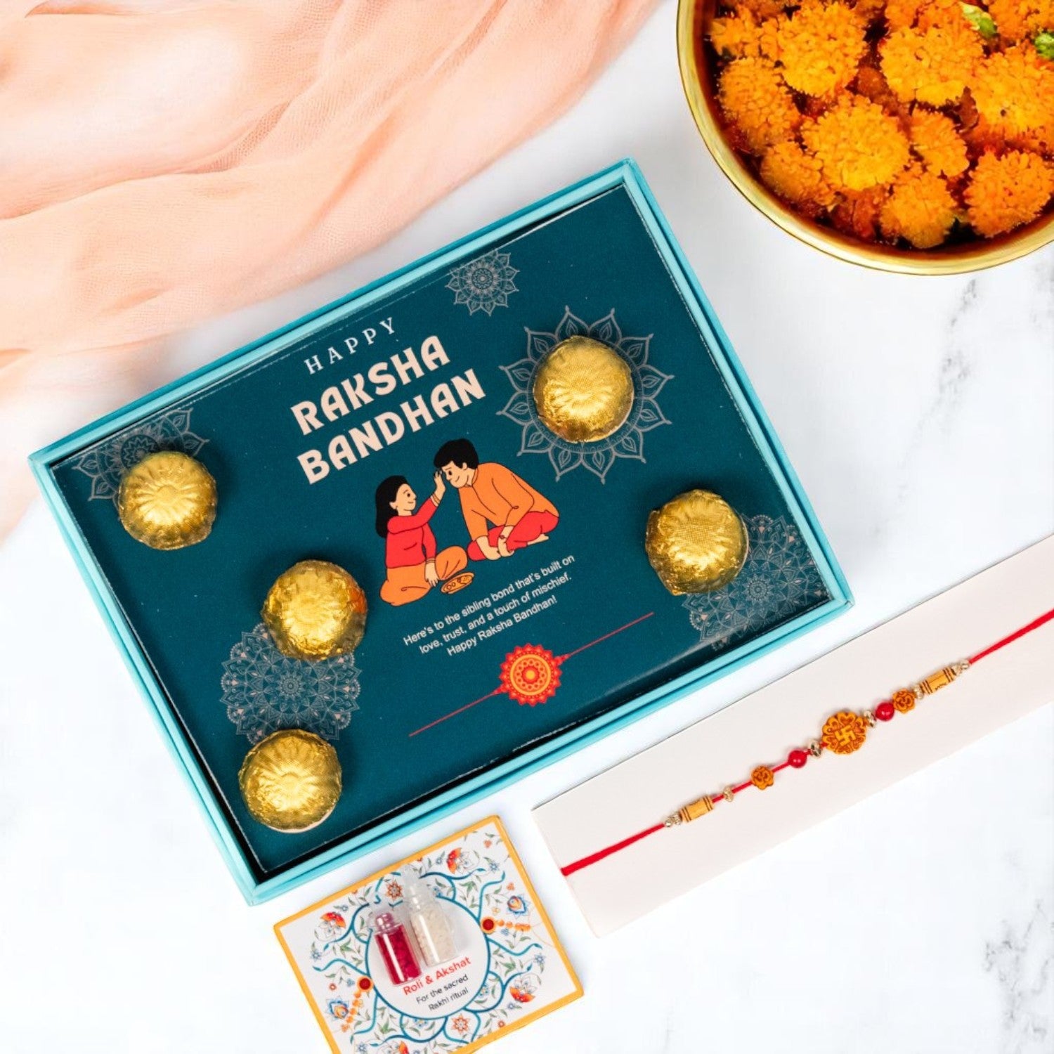 ZOROY Rakhi Gift Box with 5 Chocolates, 1 Designer Rakhi, Akshat Kumkum Pack | Raksha Bandhan Gift Hamper for Brother, Sister, Kids | Ready-to-Gift Rakhi Set