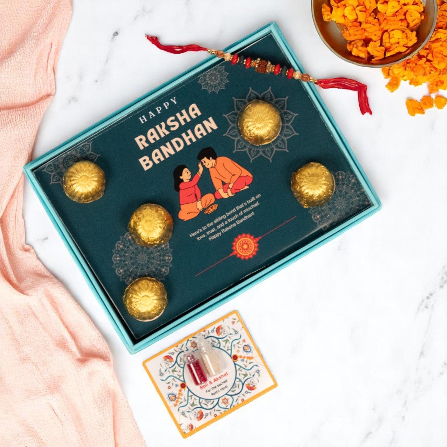 ZOROY Rakhi Gift Box with 5 Chocolates, 1 Designer Rakhi, Akshat Kumkum Pack | Raksha Bandhan Gift Hamper for Brother, Sister, Kids | Ready-to-Gift Rakhi Set