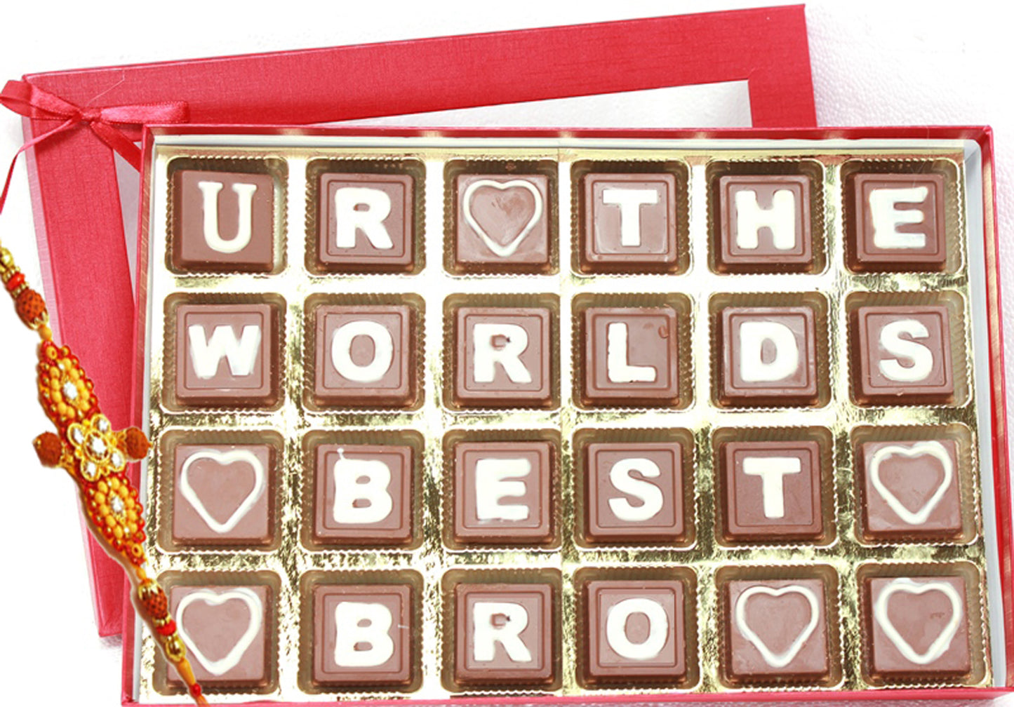 ZOROY Luxury Chocolate Rakhi Gift Sister | Message Chocolate | U R THE WORLDS BEST BRO CHocolate | Rakhi Gift for Brother | Rakshabandhan gifts for brother | Complimentary Rakhi | 24 chocolate letters