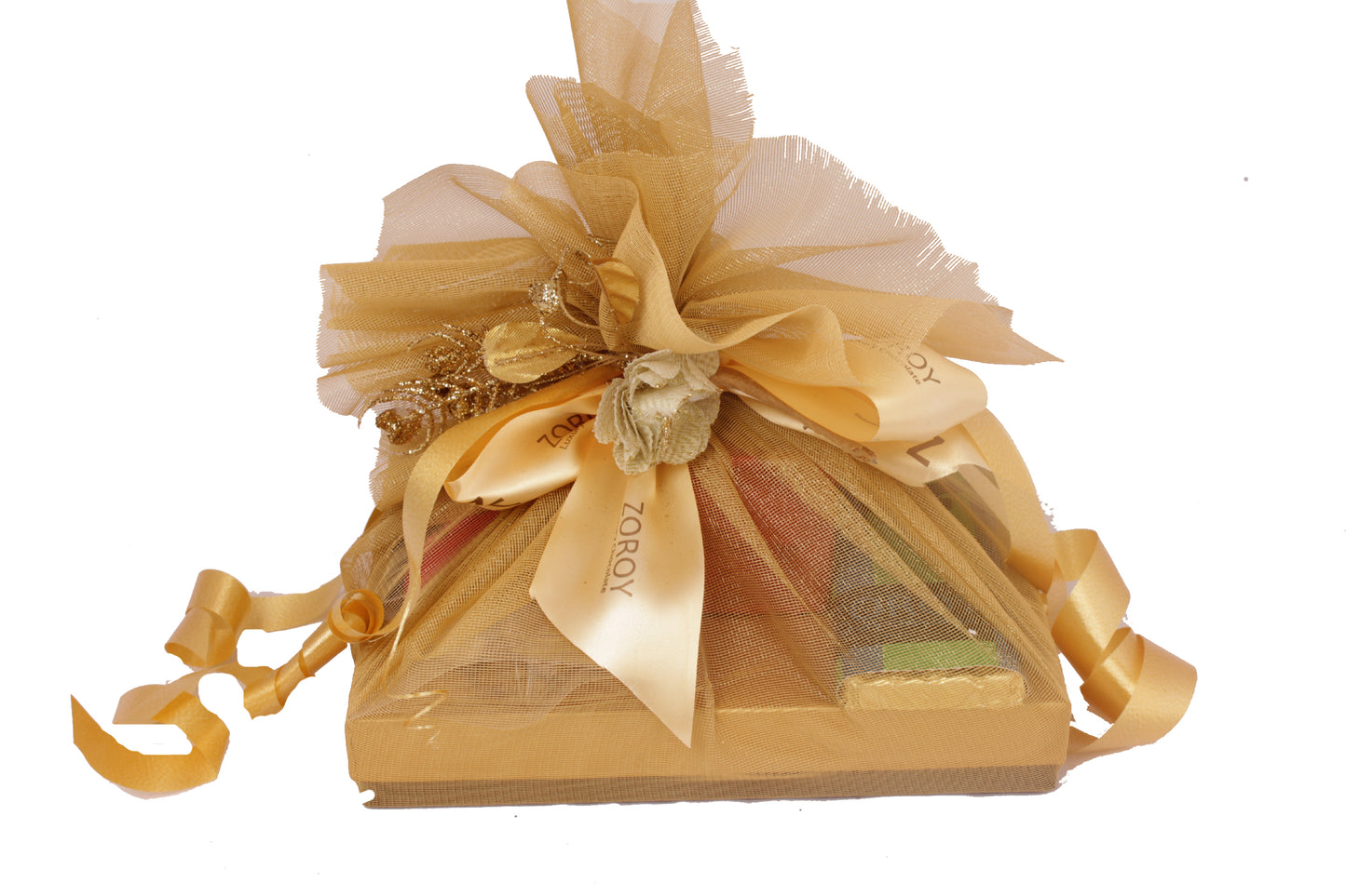 ZOROY Mini Gold Netted Hamper with chocolates, dry fruits and candle