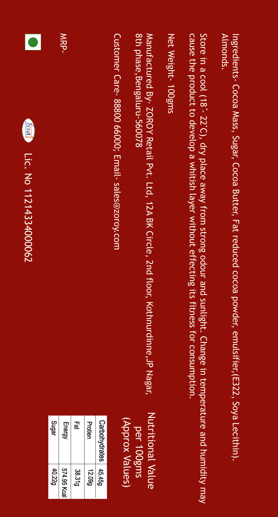 ZOROY Pure Belgian Couverture 73% Dark Chocolate Happy Valentine's day message bar - 100gms