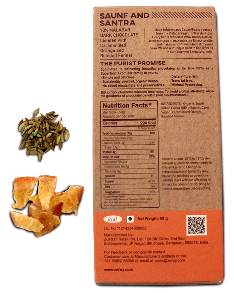 ZOROY Craft Purist Collection, Set of 2 70% Organic Bean Dark chocolate, with Saunf and Santra - 116gms