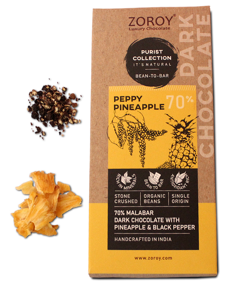 ZOROY Purist Collection, Set of 2 70% Organic Dark chocolate, with Pineapple and pepper - 116gms