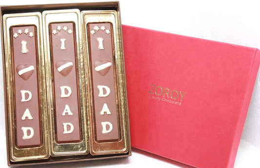 Box with 3 assorted Fathers Day chocolate bars saying " I Love dad"