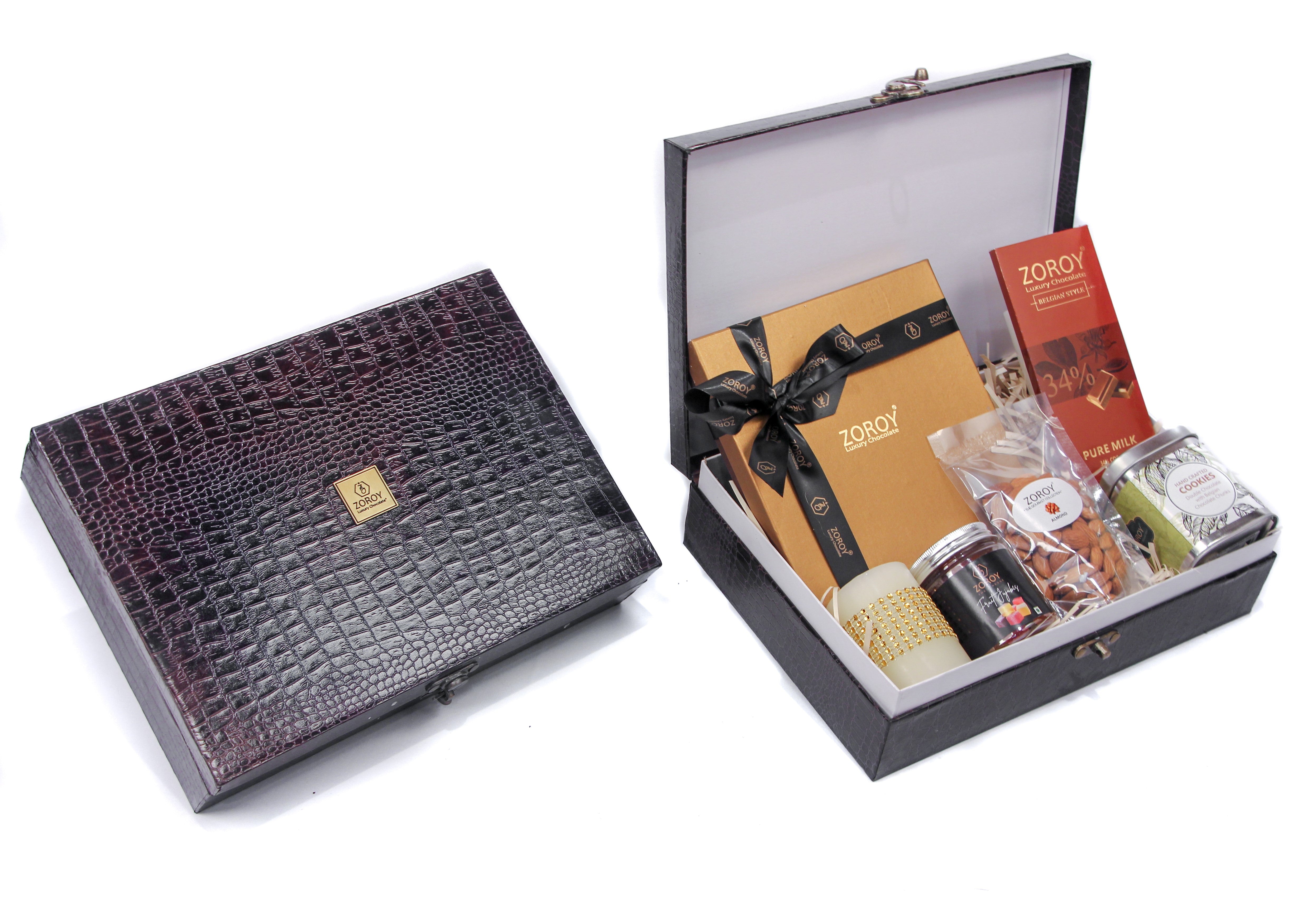 ZOROY Chest Sandook Gift Box with Assorted Cookies, Chocolates & Candle Combo Hamper