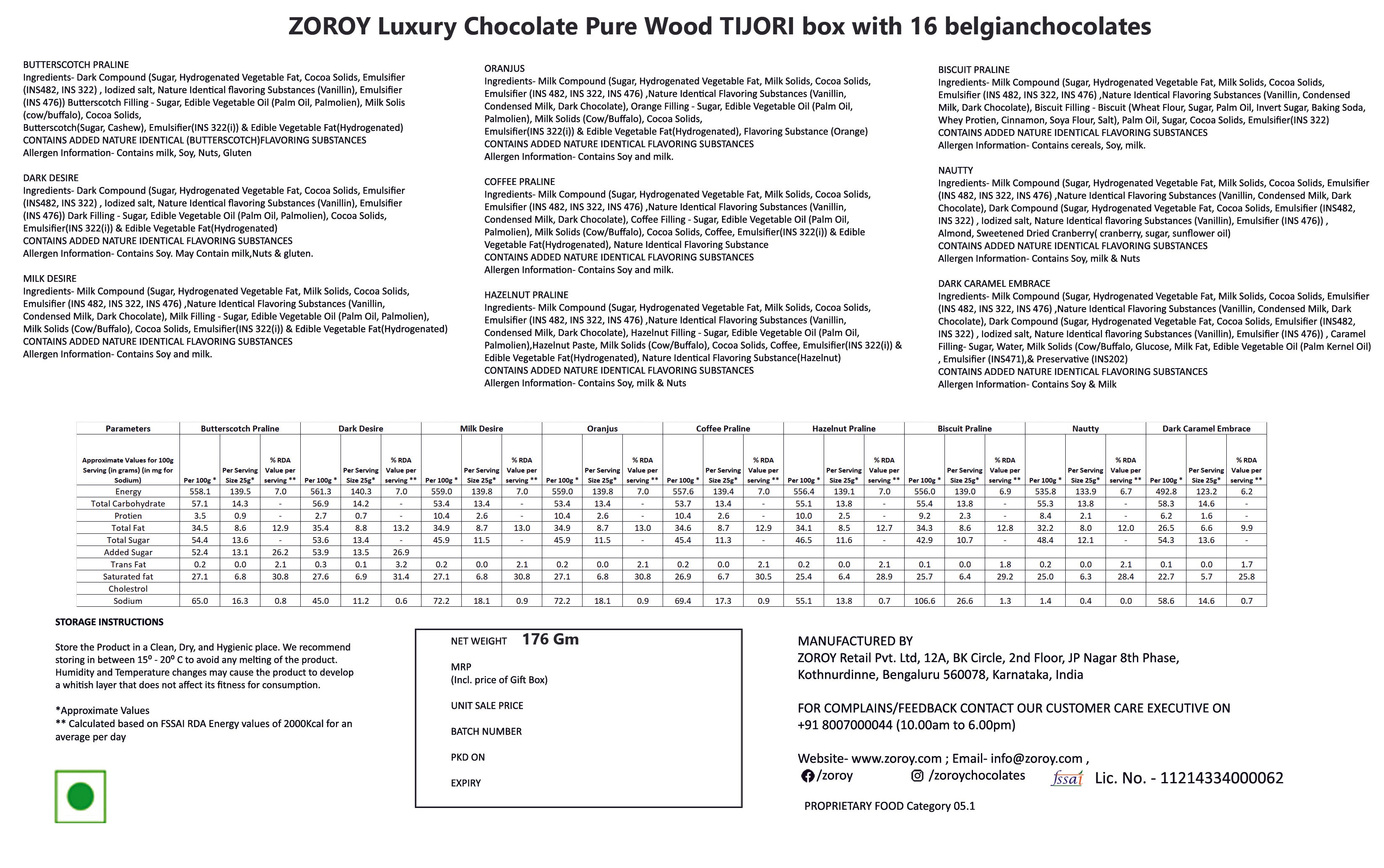 ZOROY Pure Wood TIJORI box with 16 Belgian chocolates