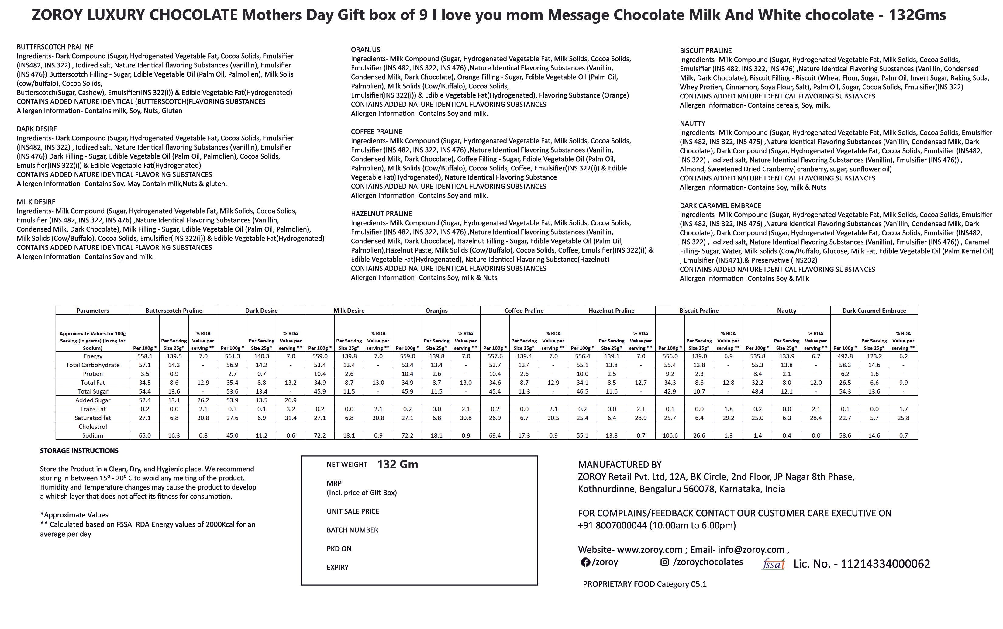 ZOROY Mothers Day day Gift box of 9 I love you mom milk and white chocolate