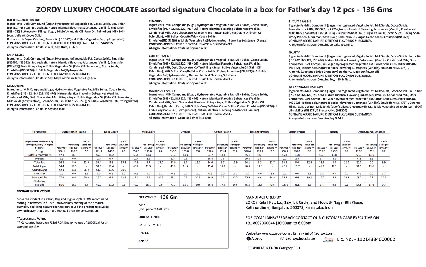 ZOROY Father's Day Assorted Chocolate Gift Box of 12 - 132 Gms