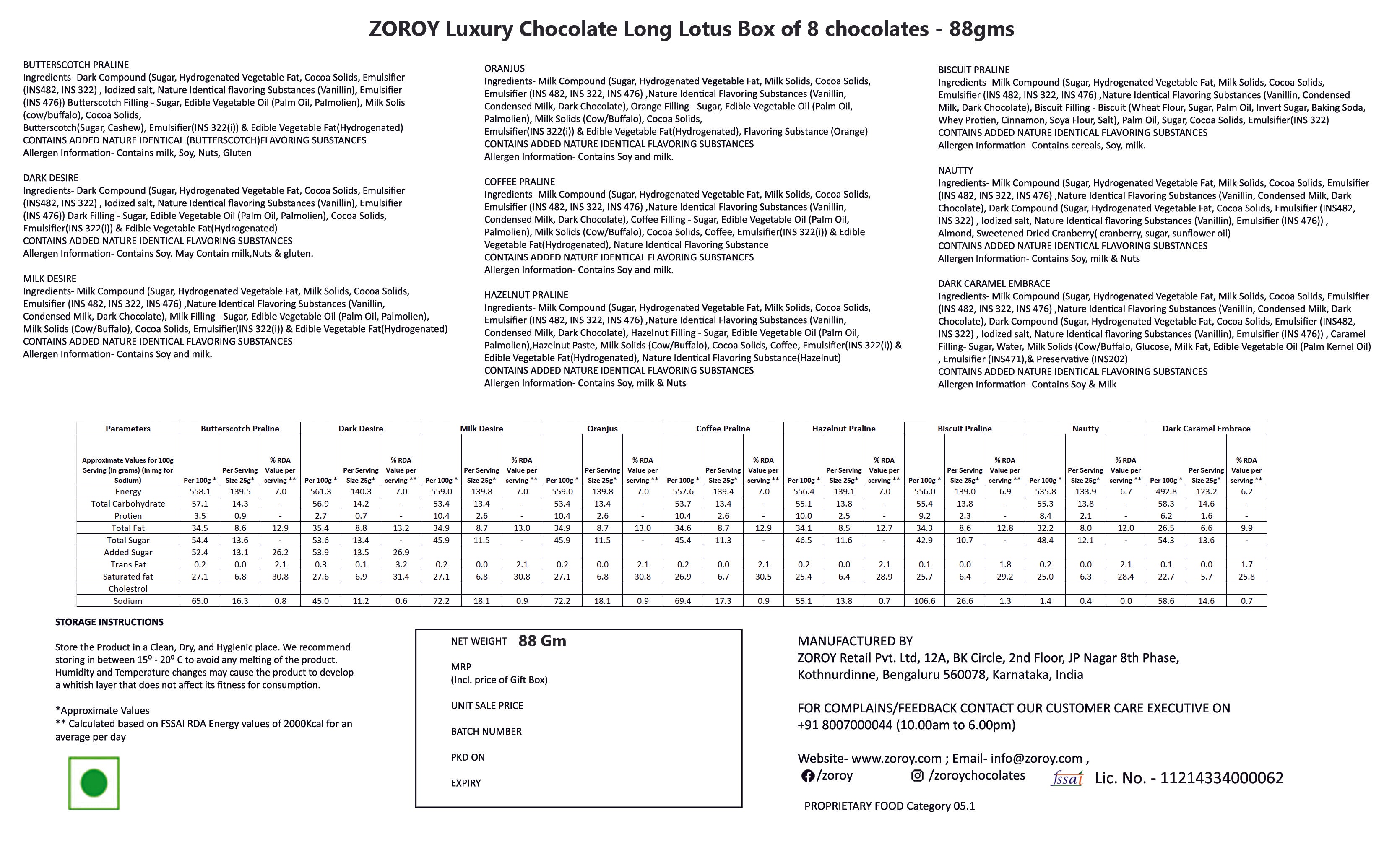 ZOROY Long Lotus Box of 8 Assorted Delite Chocolate Gift Pack (88 Gms) - ZOROY