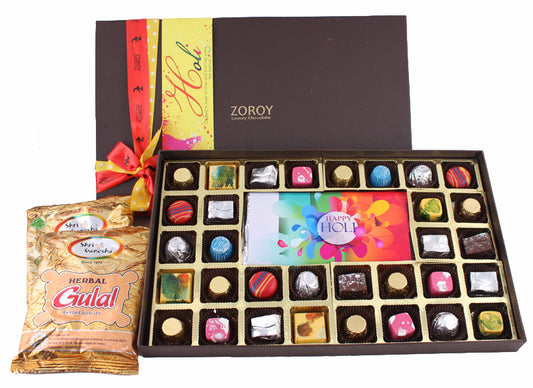 ZOROY Holi Extravaganza - Box of 32 chocolates , Happy Holi bar and Herbal gulaal color