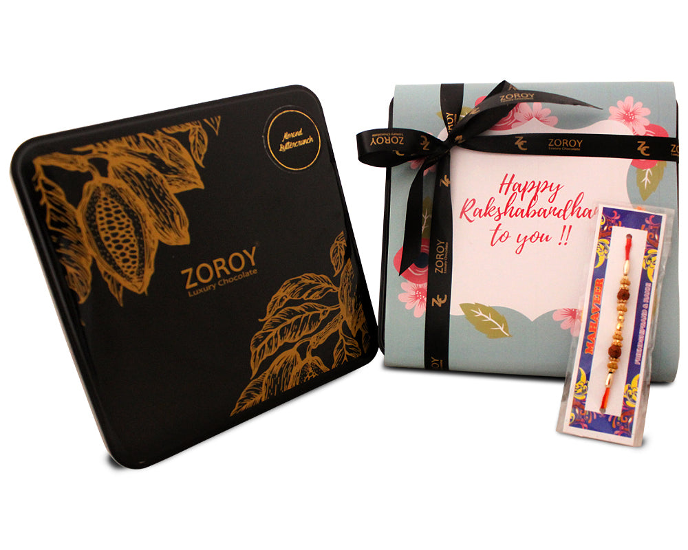 ZOROY LUXURY CHOCOLATE Box of Chocolate toffee Buttercrunch | Happy Rakhi Chocolate | Butter toffee Almond thins | Rakshabandhan gift | Rakhi gift combo | Dark chocolate | Gift chocolate Box | 130 gms
