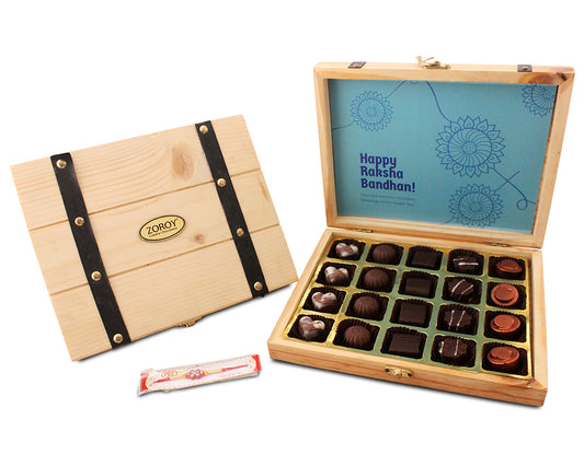 ZOROY Luxury Chocolate Rakhi Chocolate Gift for Brother |Pine Wood Box |Rakhi Gift for Brother and Bhabhi |Rakhshabandhan gift for sister| Rakhi gift combo | rakhi chocolate pack | Complimentary Rakhi
