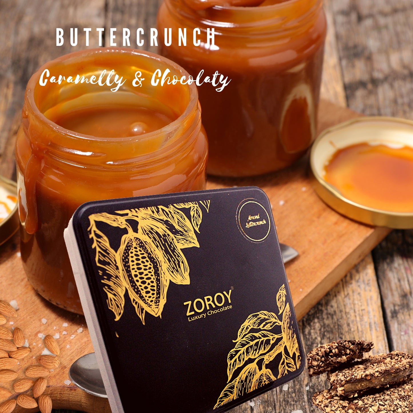 ZOROY LUXURY CHOCOLATE Box of Chocolate Almond Buttercrunch | Almond chocolate crisps | Butter toffee Almond thins | crunchy almond chocolate | Dark chocolate | Gift chocolate Box | 130 grams