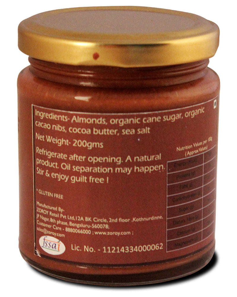 ZOROY THE FINESSE Natural creamy Chocolate Almond butter | Organic sugar | organic cacao bean | High Protein | Healthy chocolate spread | Gluten Free | No preservatives | No emulsifier | 200 grams