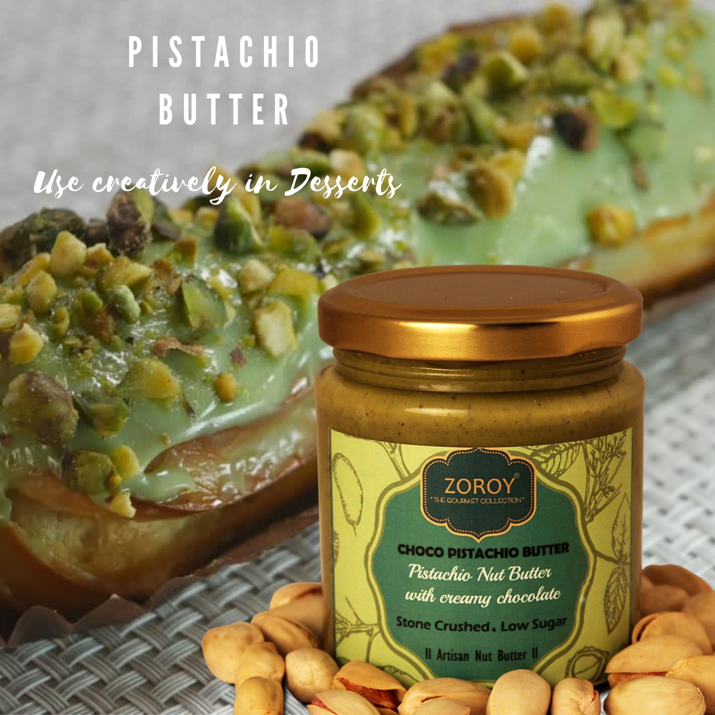 ZOROY THE FINESSE Nut Butters | Unsweetened Almond butter | Cacao almond Butter | chocolate Pistachio butter | Chocolate hazelnut butter | healthy chocolate spread | Gourmet Gift |set of 4 | 235 gms