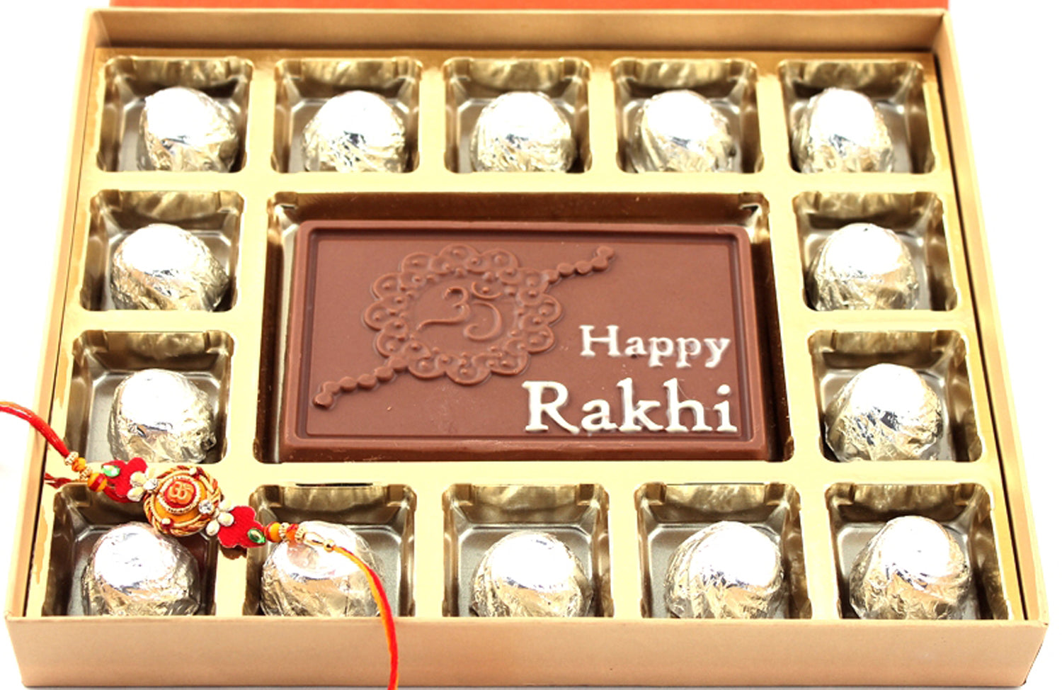ZOROY Luxury Chocolate Rakhi Gift - Gift for Bother/ Sister Happy Rakhi embossed Chocolates Box with Rich Milk and Rakhi | RAKSHABANDHAN Message Chocolate | Rakhi gift combo | rakhi chocolate pack