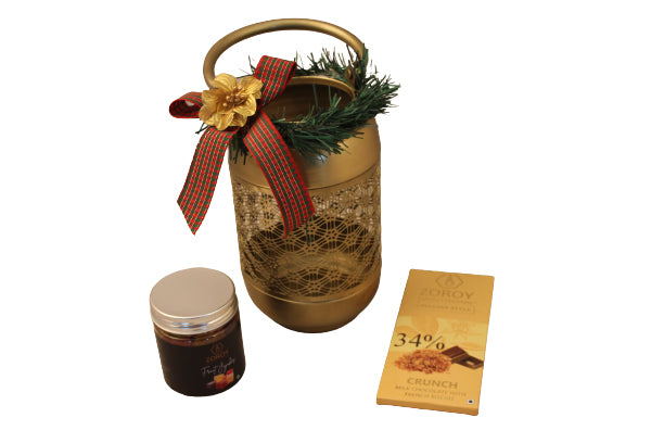 ZOROY LUXURY CHOCOLATE Christmas Usable beautiful metal lantern with Assorted Goodies of Belgian style bar Vegetarian Fruit Jujubes For Wedding Corporate Diwali Surprise Chocolate Gift Hamper for Family