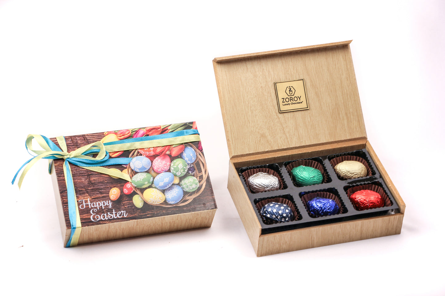 ZOROY Easter Message Wooden Box of 6 chocolate Eggs Gift Box - 66 Gms