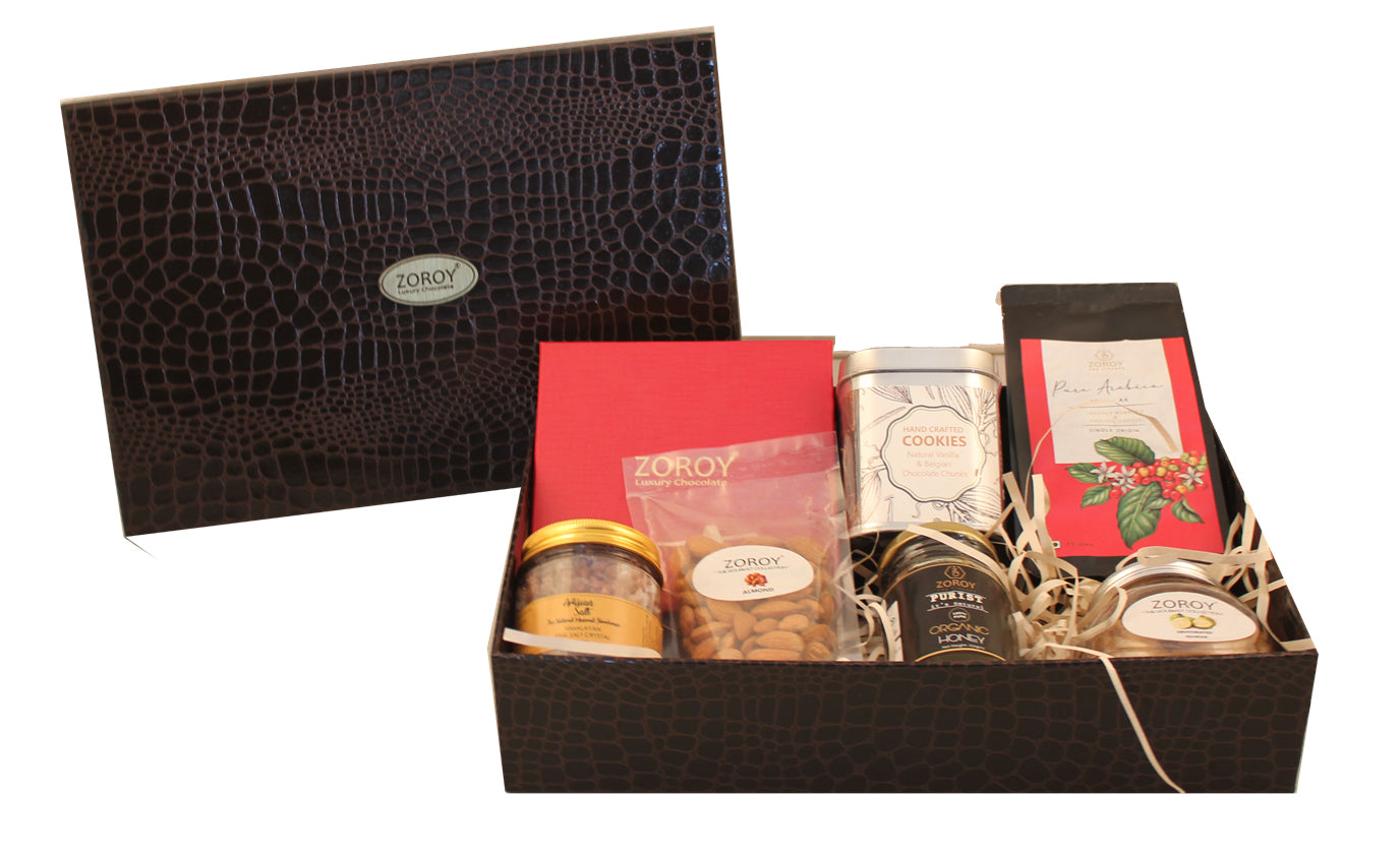 ZOROY Luxury Chocolate Good Wish Hamper | Almond rocher box | Dry fruits 100G | Dehydrated fruit 100G | Organic Wild forest Honey 175G | Handcrafted Cookies 100G | Himalyan Salt crystal 225G |100% Veg