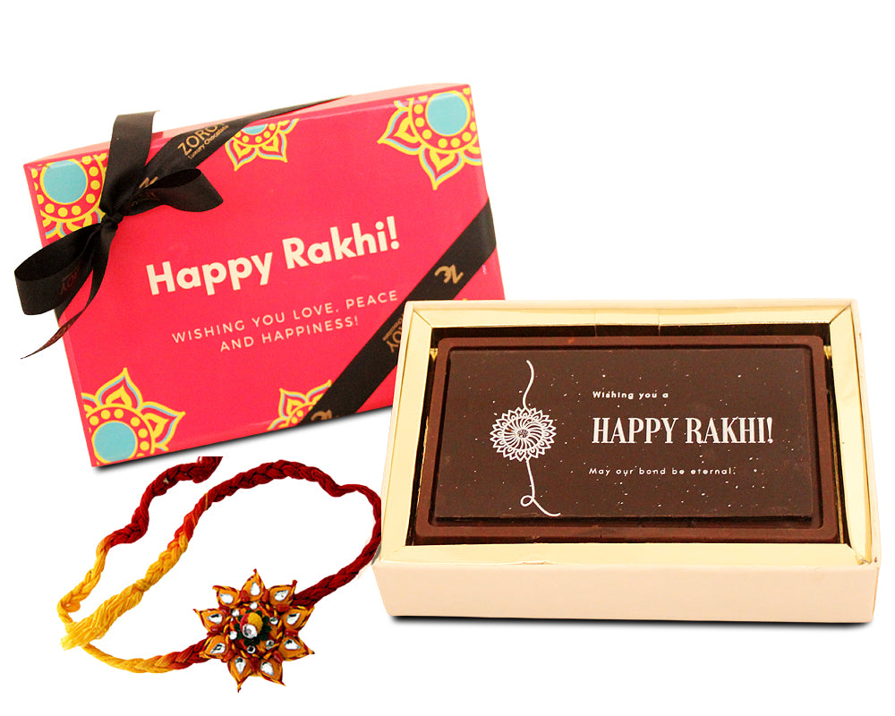 ZOROY Luxury Chocolate Rakhi Gift Brother Sister | Happy Rakhi chocolate | Roasted almonds | Personalised Message chocolate | Rakhi gift combo | Rakshabandhan gift | Complimentary Rakhi | 80 gms