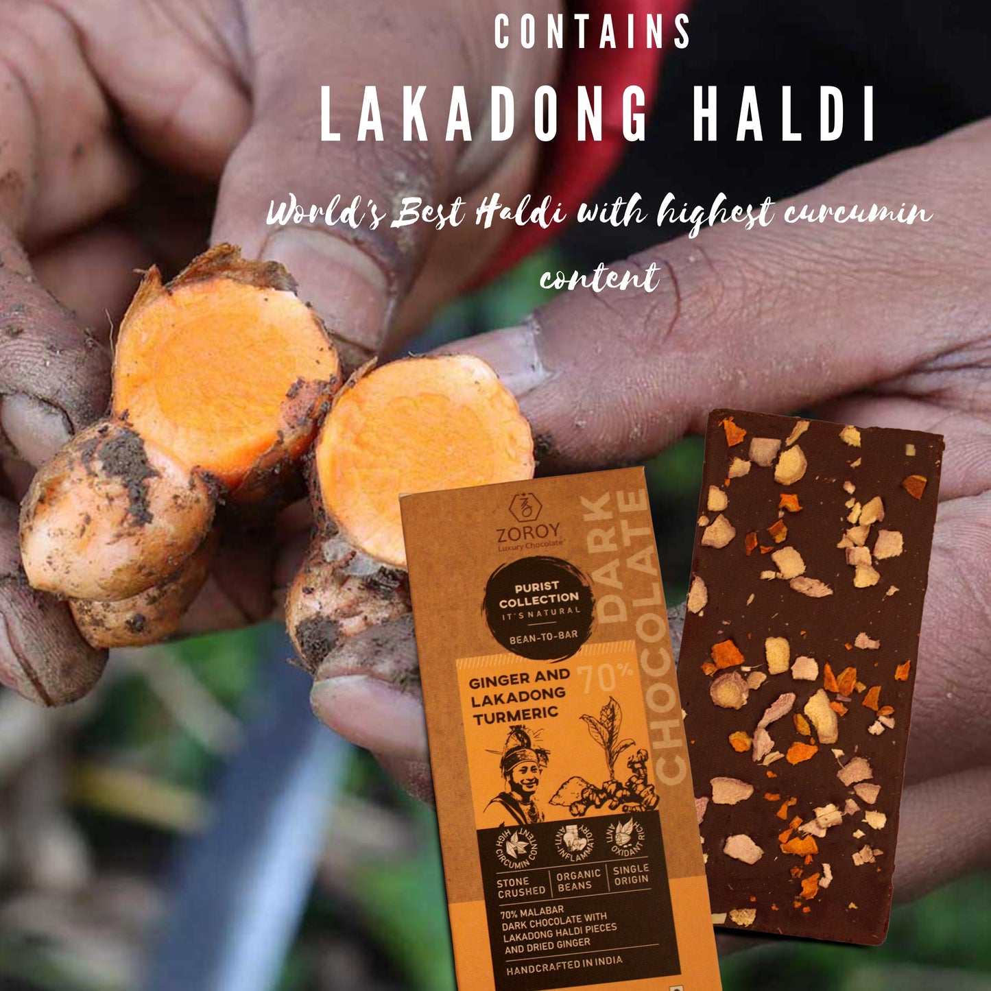 ZOROY Purist Collection, 70% Dark chocolate with Lakadong Haldi and dried Ginger - The Immune Booster - Set of 2