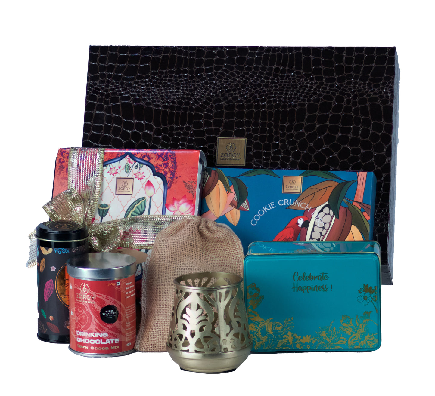 ZOROY Luxury Chocolate Festive Sandook Gift Hamper For Diwali Corporate Birthday Weeding essentials | Belgian style chocolate | Dry fruits | Metal T-lite Holder | Coated nuts | Drinking chocolate