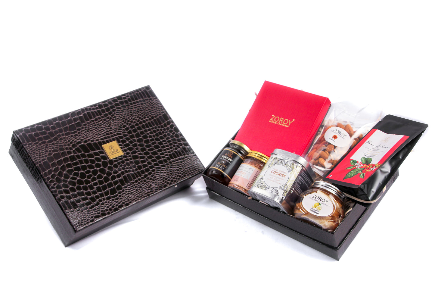 ZOROY Luxury Chocolate Good Wish Hamper | Almond rocher box | Dry fruits 100G | Dehydrated fruit 100G | Organic Wild forest Honey 175G | Handcrafted Cookies 100G | Himalyan Salt crystal 225G |100% Veg