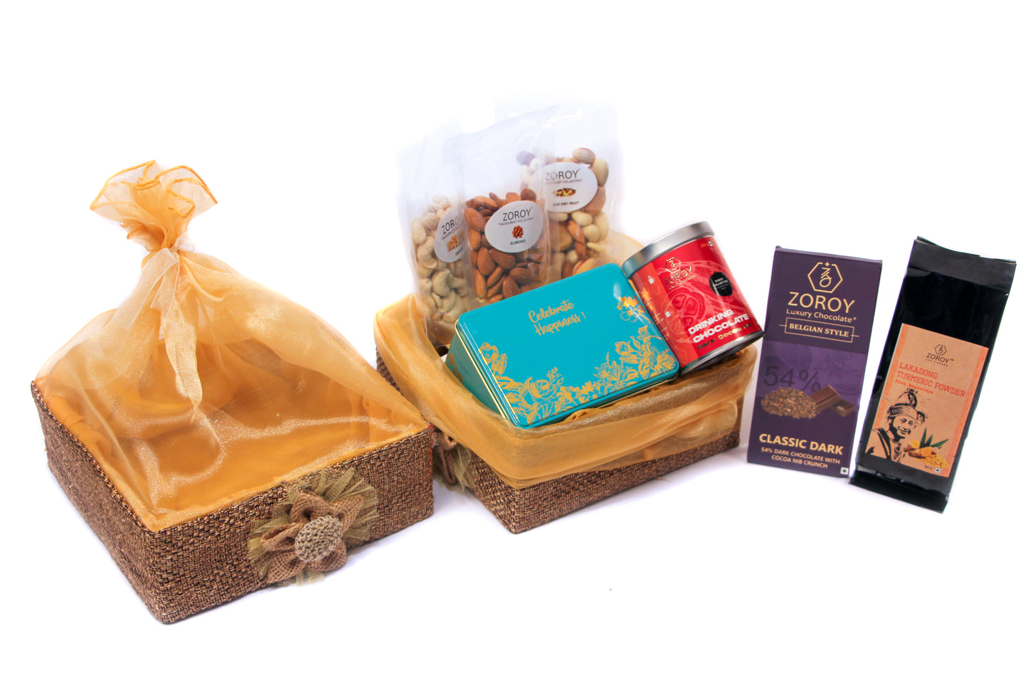 ZOROY Luxury Chocolate Jute Organza Hamper | Chocolate coated biscuits 16nos | Belgian style bar | Dry fruits 300g | Lakadong Haldi 100g| High on curcumin content| 100% Veg