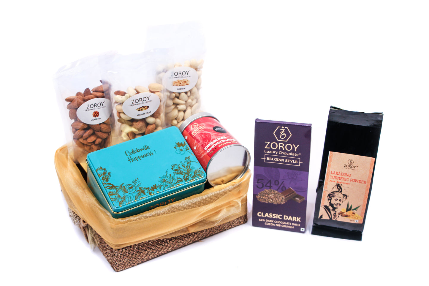 ZOROY Luxury Chocolate Jute Organza Hamper | Chocolate coated biscuits 16nos | Belgian style bar | Dry fruits 300g | Lakadong Haldi 100g| High on curcumin content| 100% Veg