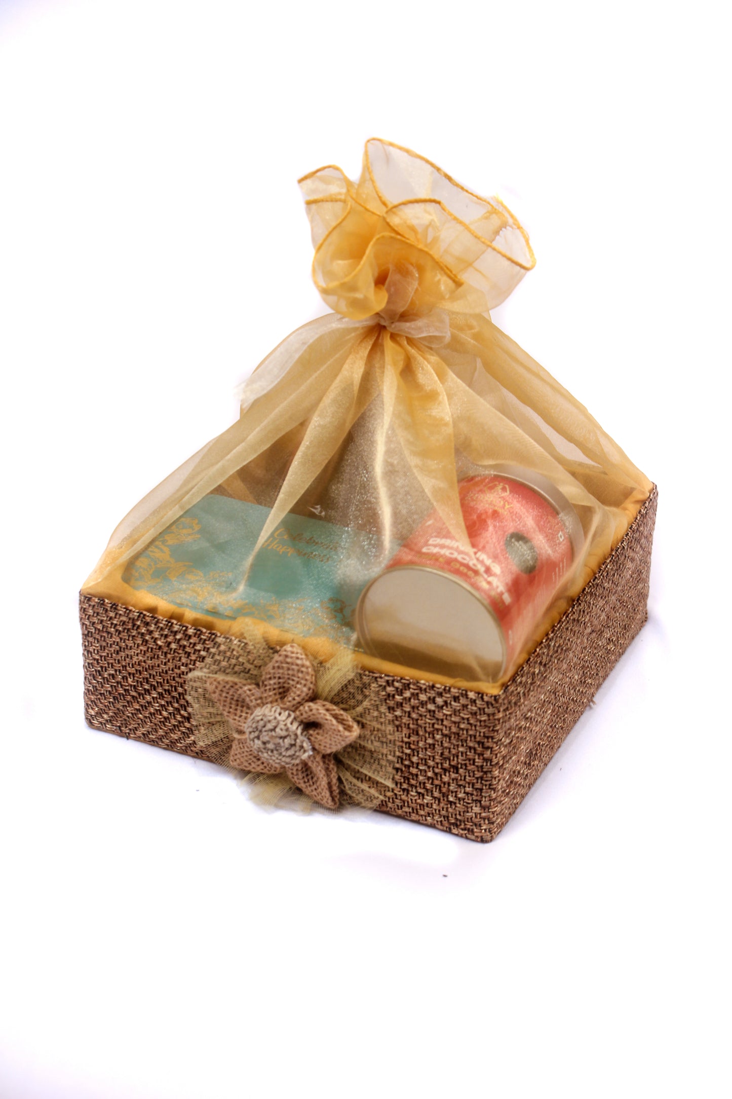 ZOROY Luxury Chocolate Jute Organza Hamper | Chocolate coated biscuits 16nos | Belgian style bar | Dry fruits 300g | Lakadong Haldi 100g| High on curcumin content| 100% Veg