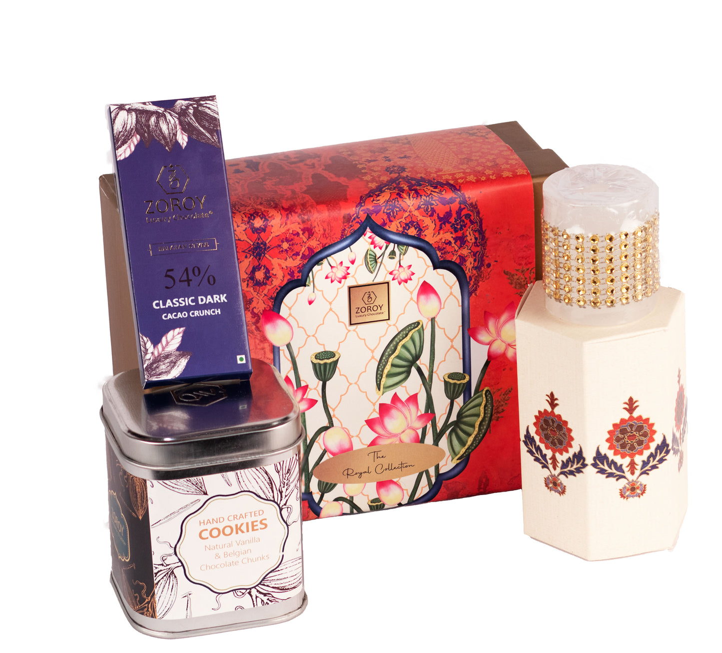 ZOROY Luxury Chocolate Royal Trio Gift Hamper Box Combo For Diwali Corporate Weeding Birthday Christmas | Dry fruits | Belgian style chocolate bar 2 nos | Handcrafted cookies | Mini Candle | 100% Veg