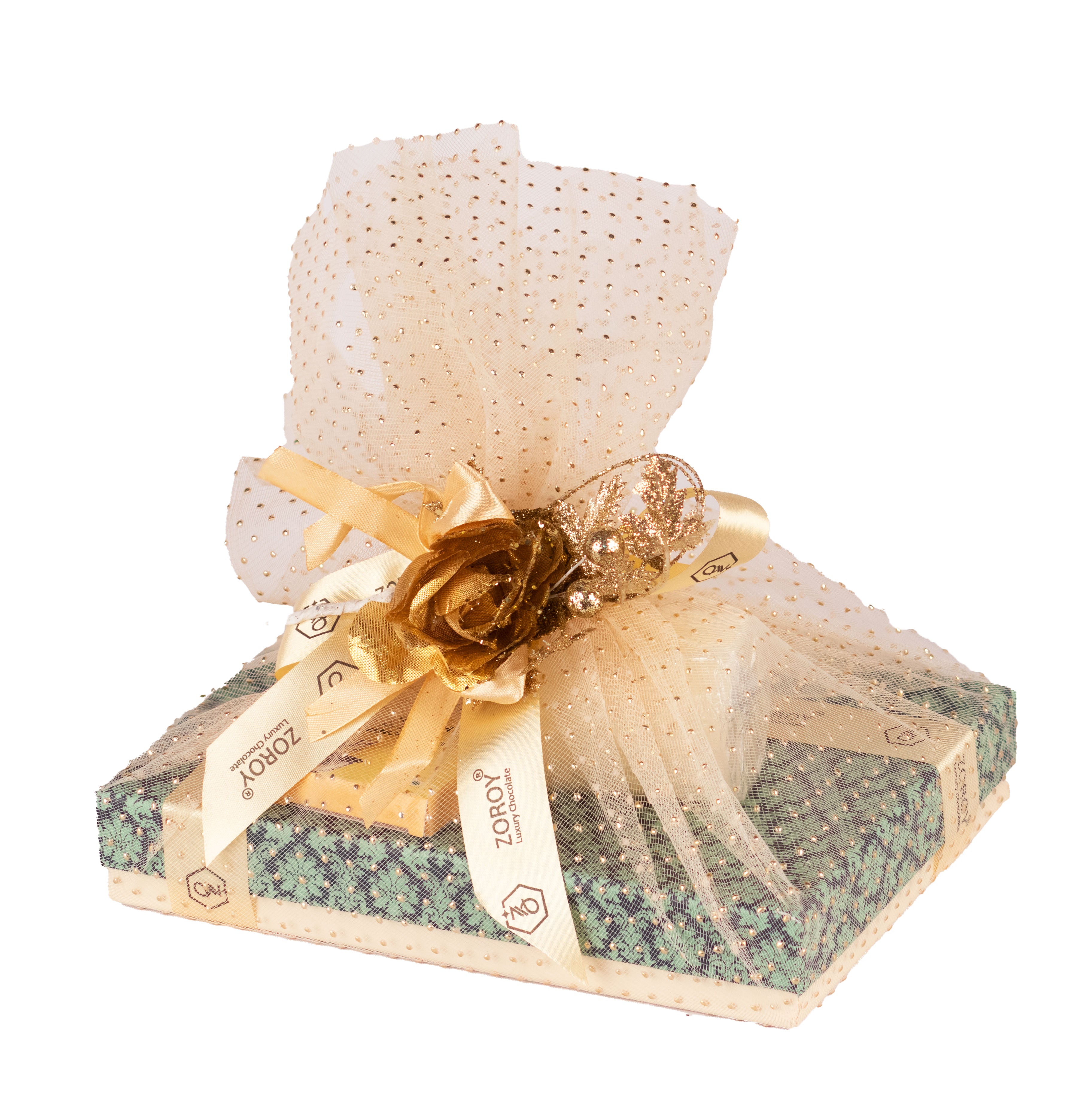 ZOROY Mini Gold Netted Hamper with chocolates, dry fruits and candle
