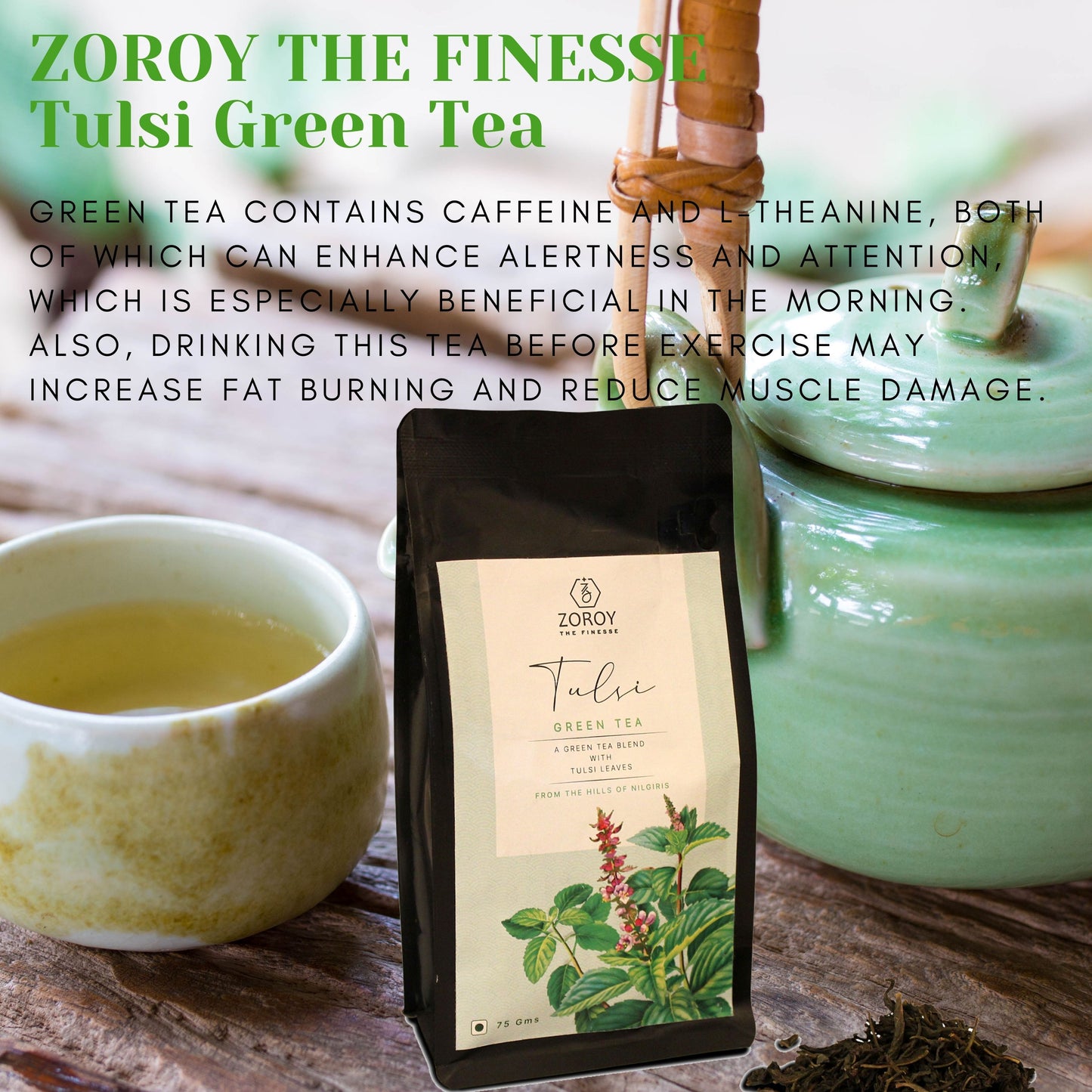 ZOROY THE FINESSE Tulsi Green tea | 100% Natural Herbal Detox | No Flavours, no oils no essences | No Additives | Rejuvinating Tulsi chai | Anti Oxidant rich | Natural immunity Booster | 75 Gms