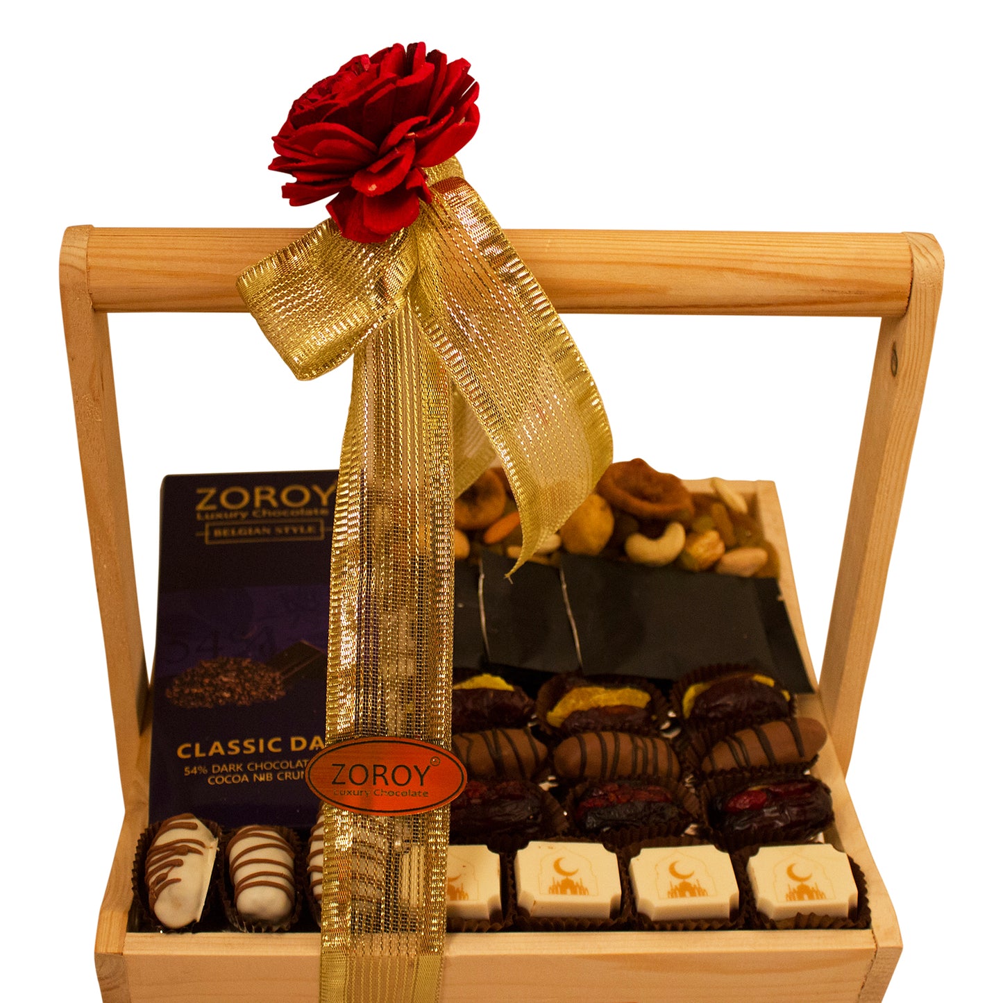 ZOROY Eid & Ramzan Wood basket of Good Wishes with Assorted Dates, Dry Fruits & Chocolate
