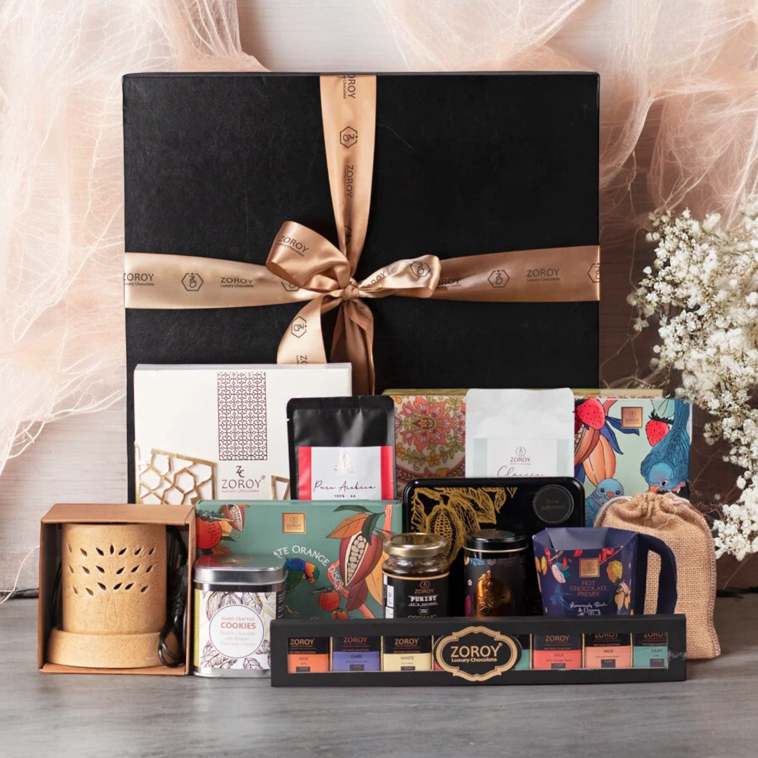 ZOROY Luxury Chocolate Leather feel Luxury Hamper| Belgian style chocolate | Chocolate coated nuts and Fruits | Arabica Coffee | Green Tea | Hot Chocolate Premix | Electric Diffuser | 100% Veg