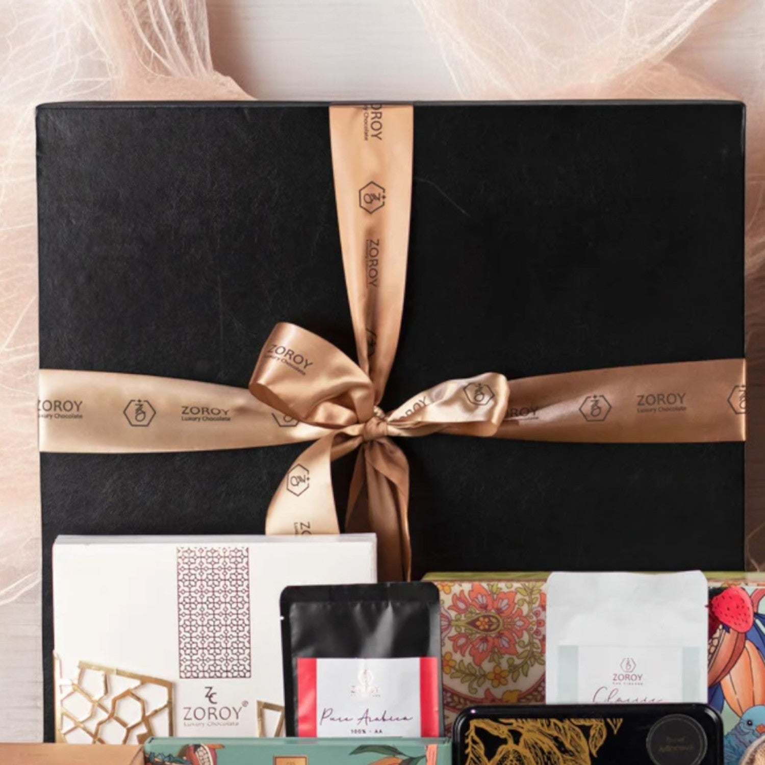 ZOROY Luxury Chocolate Leather feel Luxury Hamper| Belgian style chocolate | Chocolate coated nuts and Fruits | Arabica Coffee | Green Tea | Hot Chocolate Premix | Electric Diffuser | 100% Veg