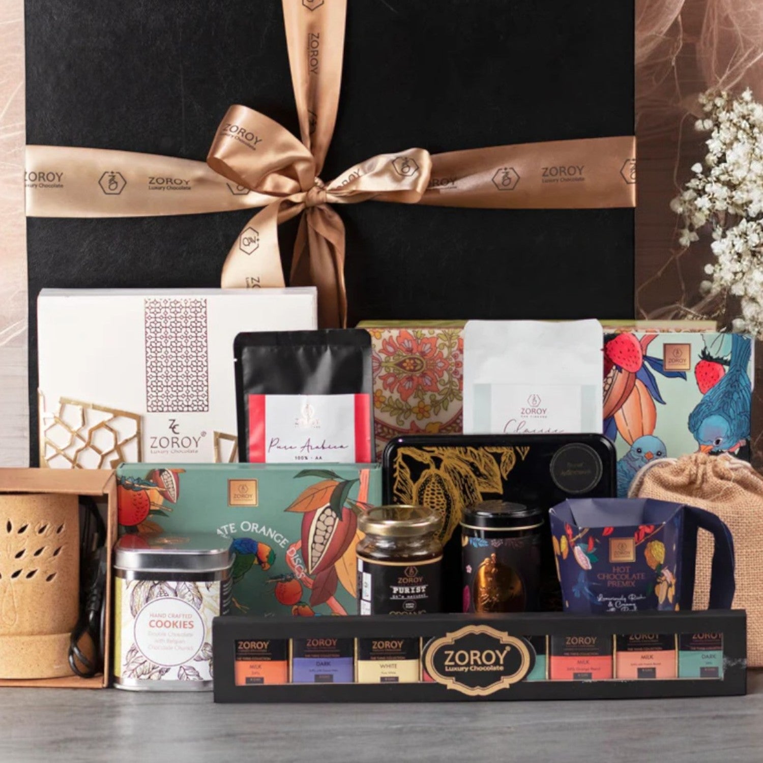 ZOROY Luxury Chocolate Leather feel Luxury Hamper| Belgian style chocolate | Chocolate coated nuts and Fruits | Arabica Coffee | Green Tea | Hot Chocolate Premix | Electric Diffuser | 100% Veg
