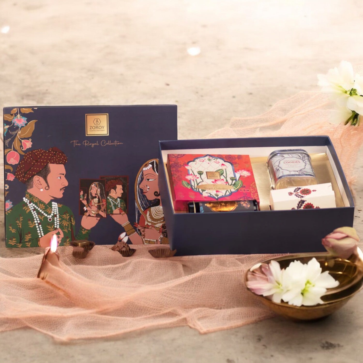 ZOROY Luxury Chocolate Royal Maharaja Maharani Hamper Gift Box For Diwali Corporate Weeding Birthday Christmas | Belgian style chocolate | Handcrafted cookies | Dry fruits | Chocolate coated nuts