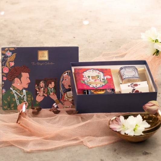 ZOROY Luxury Chocolate Royal Maharaja Maharani Hamper Gift Box For Diwali Corporate Weeding Birthday Christmas | Belgian style chocolate | Handcrafted cookies | Dry fruits | Chocolate coated nuts