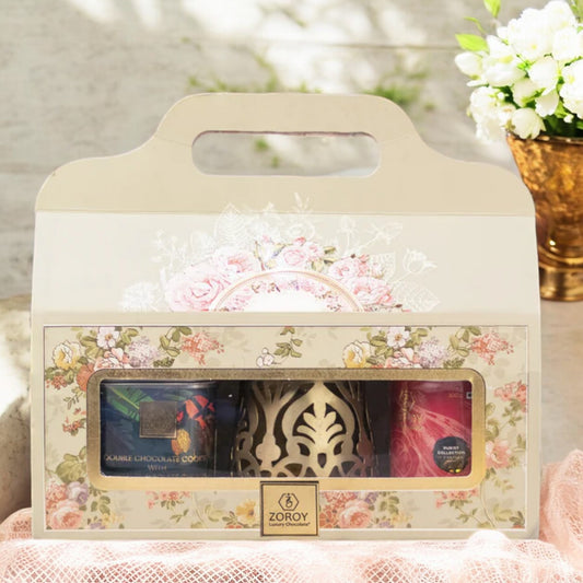 ZOROY luxury Chocolate Votive Combo Gift Box Contains a beautiful gold votive, Handmade Cookies & Drinking Chocolate | Corporate Celebration Diwali Rakhi Christmas New Year Online Gifts Set
