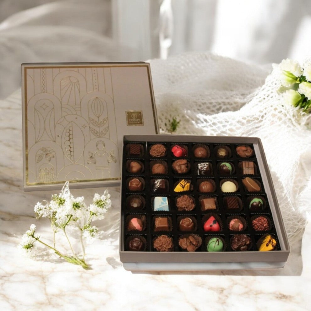 ZOROY Box of 36 Pure Couverture Signature Belgian style Chocolate Gift Box Assortment of Milk, Dark White - 360 Gms