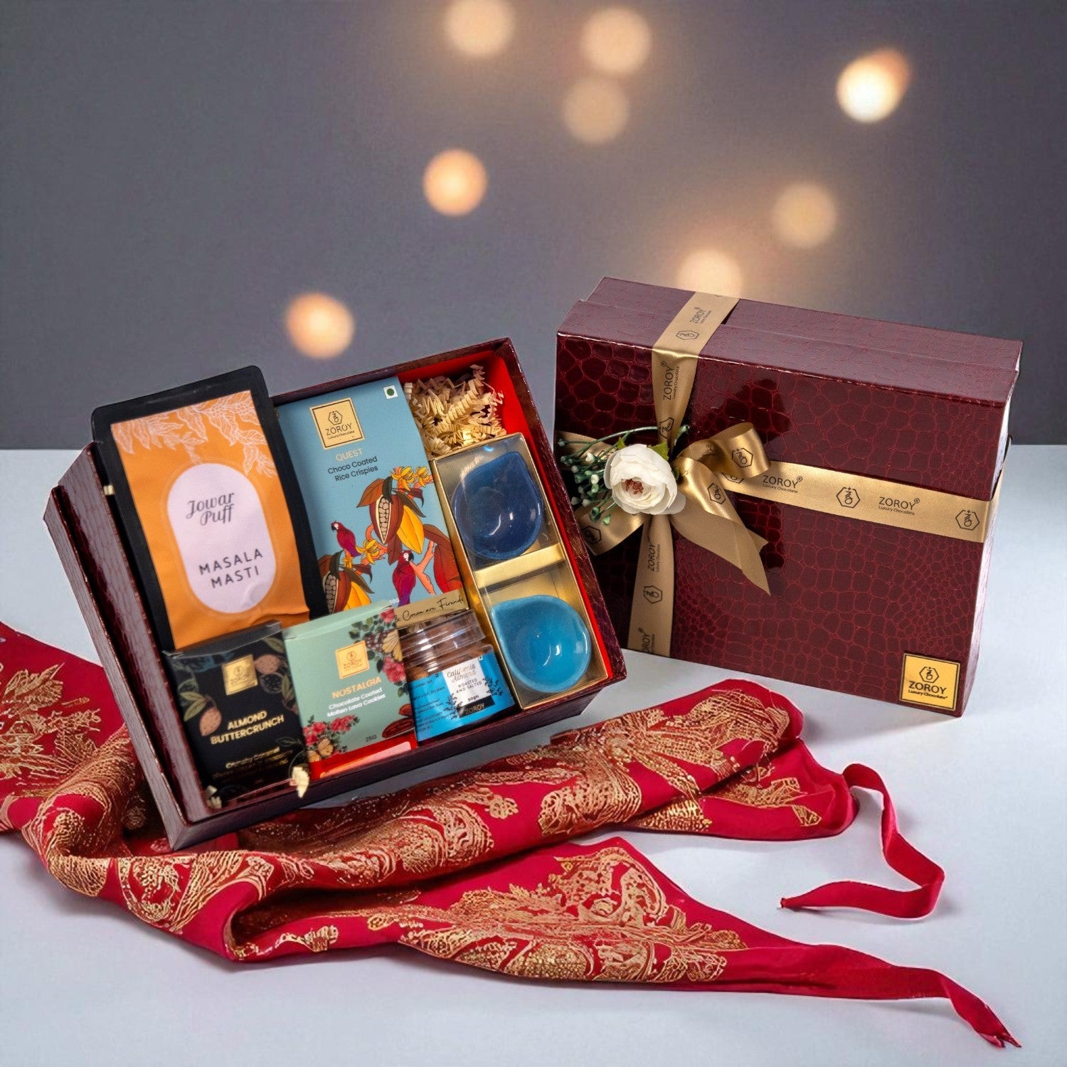 ZOROY Luxury Chocolate Contemporary Hamper Large – Stylish Box pack contains Choco Coated Crispies, Snack pack 1 No, Salted Roasted Almonds, Buttercrunch, Cookies and Set of 2 Diyas – Ideal Gift Set for Festive Corporate Diwali Gifting
