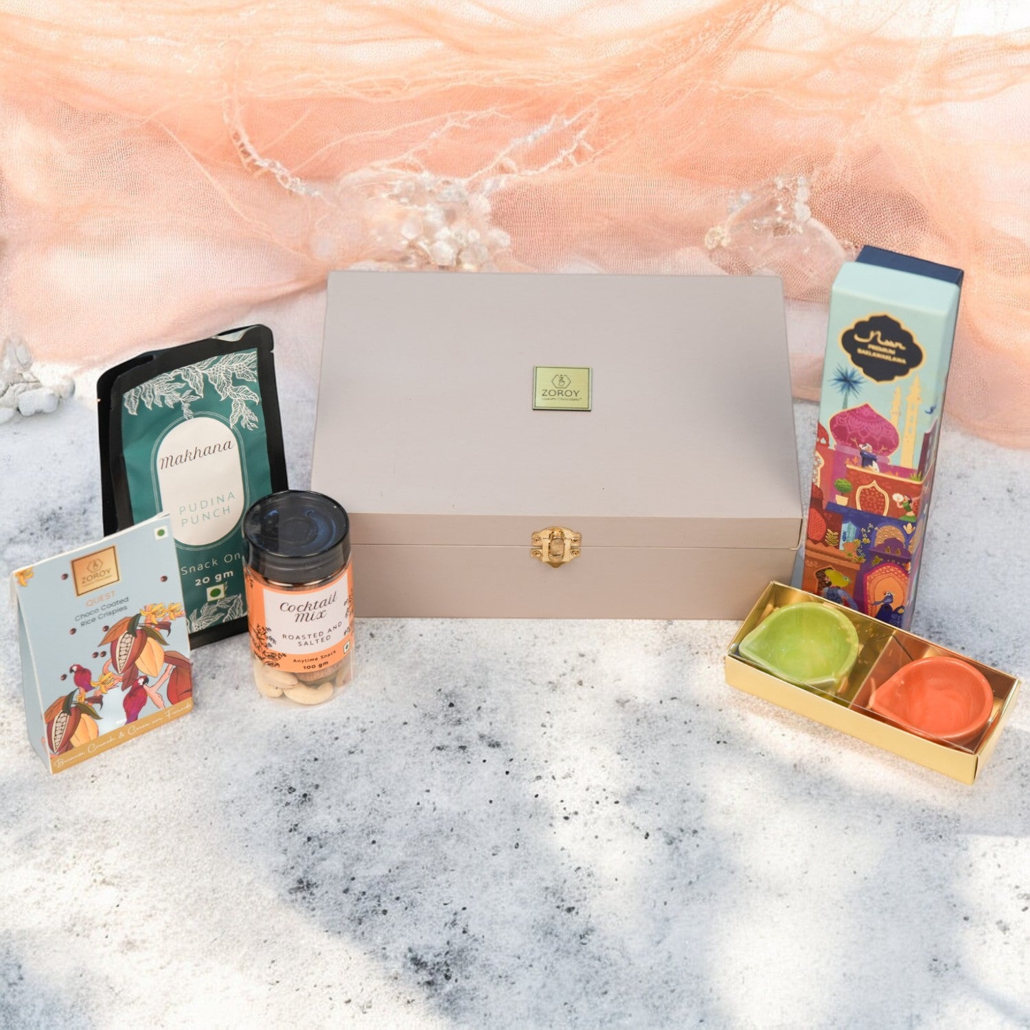 ZOROY Treasure Hamper (Medium) – Wooden Box with Premium Baklavas 4 Nos, Snack Pack 1 No, 100g Cocktail Mixed Nuts, 50g Chocolate Coated Rice Crispies, and 2 Ceramic Diyas- Ideal for Festive Diwali Gifting