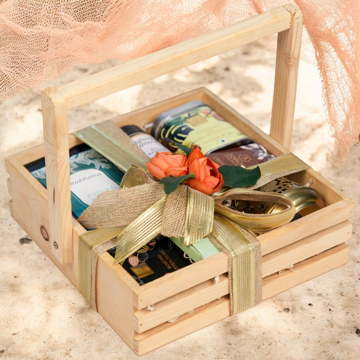 ZOROY Pinewood Gift Basket Hamper – Reusable Wooden Basket with Snack Packs, Chocolates, Cookies, Metal Votive, Dry Fruits - Ideal gift for Diwali Corporate Festive any occassions