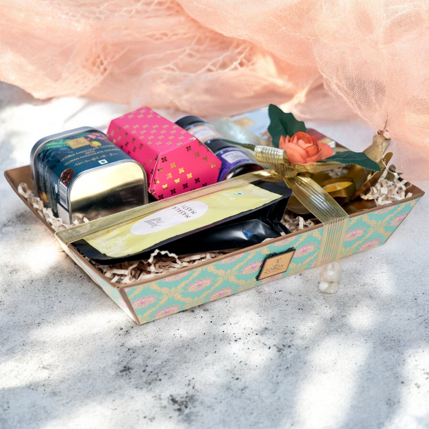 ZOROY Sensation Tray Hamper Season 2 – Elegant Gift Box with Handmade Gourmet Cookie Tin, Californian Almonds, Berry Mix, Chocolate Jam, Choco Coated Crispies, Snack Pack, and Lotus Metal T-Light Holder. Ideal gift for any Occasion