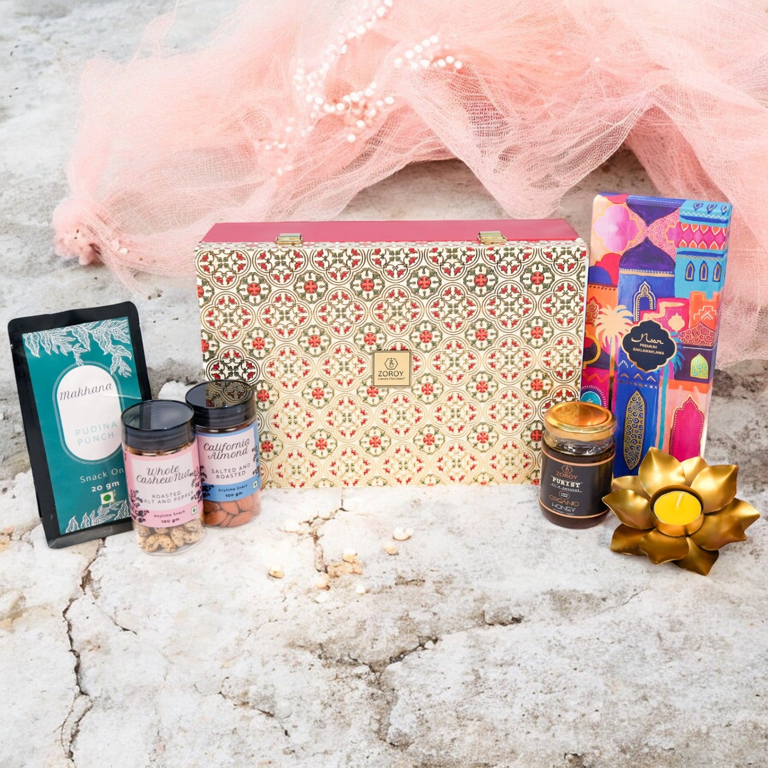 ZOROY Opulent Hamper Box - Ethnic Wooden Reusable Box with Noor 8 Baklawas, Snack Pack, 100g Salted Roasted Almonds, 100g Roasted Pepper Cashews, 175g Organic Himalayan Honey, Metal T-Lite Holder - An Ethnic Gift For Festive Season