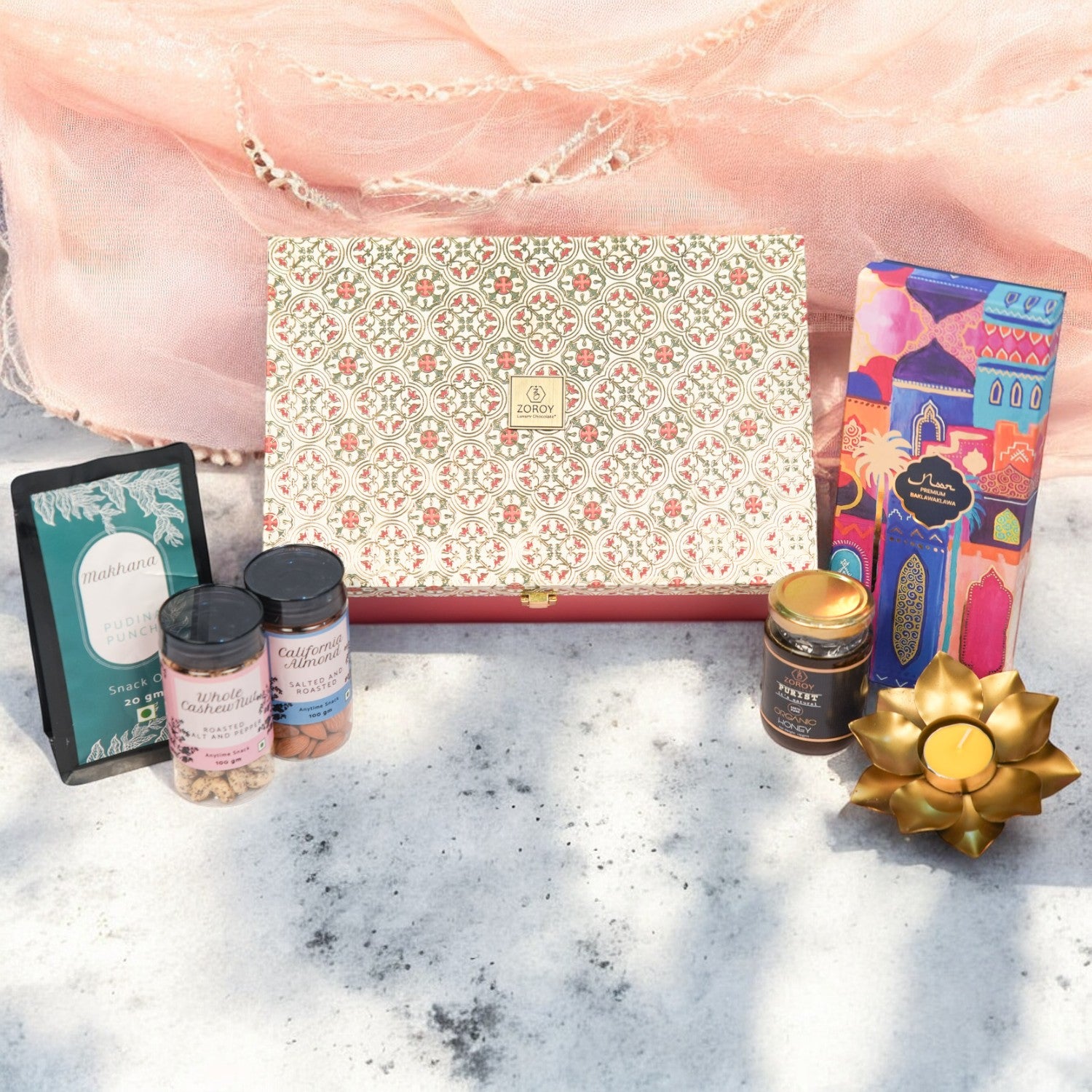 ZOROY Opulent Hamper Box - Ethnic Wooden Reusable Box with Noor 8 Baklawas, Snack Pack, 100g Salted Roasted Almonds, 100g Roasted Pepper Cashews, 175g Organic Himalayan Honey, Metal T-Lite Holder - An Ethnic Gift For Festive Season