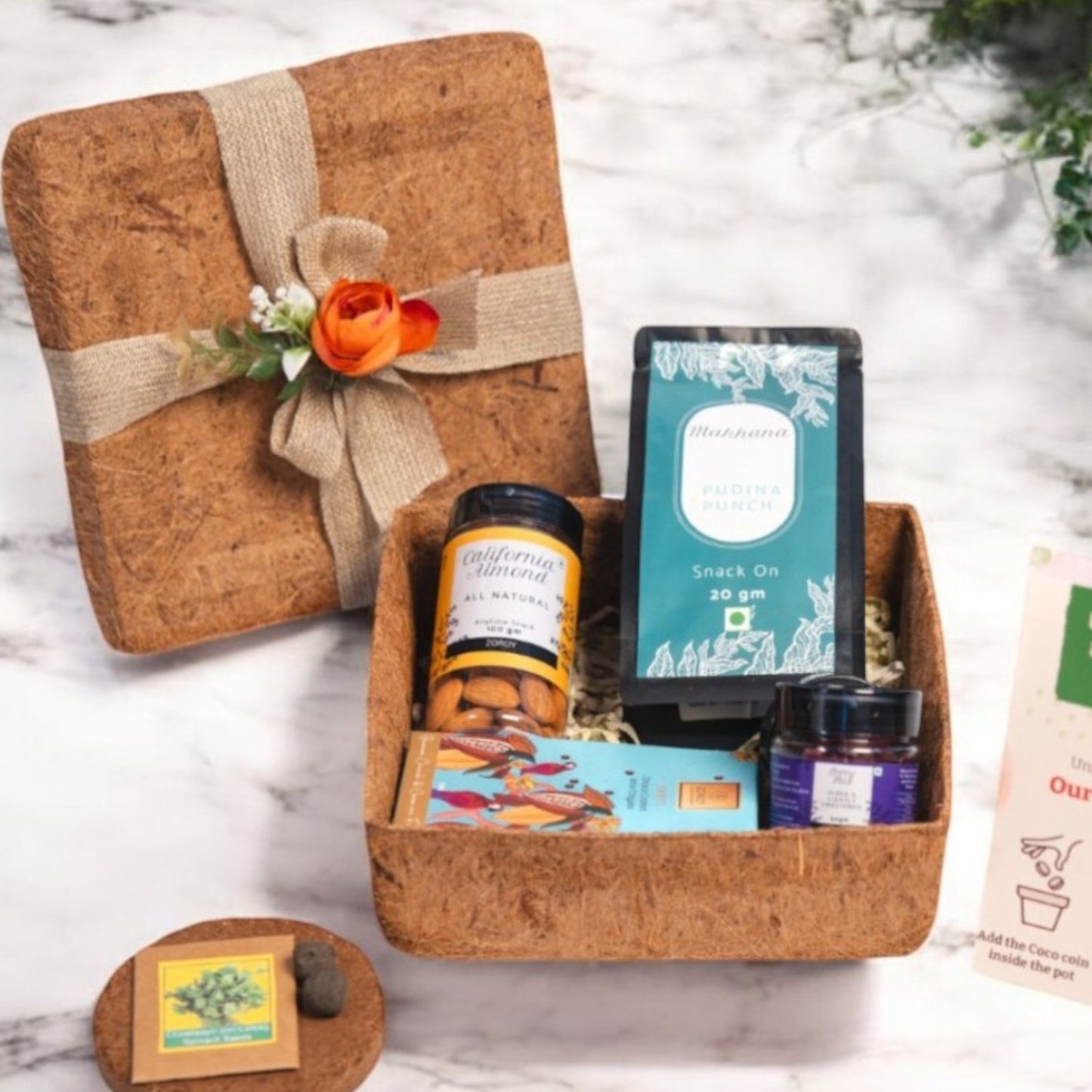 ZOROY Plantable Eco friendly Thoughtful  Gift Hamper, Contains chocolates, dry fruits, snacks and berries, seeds, coco peat for planting  into the planter box. Ideal for Corporate, festivals, birthday