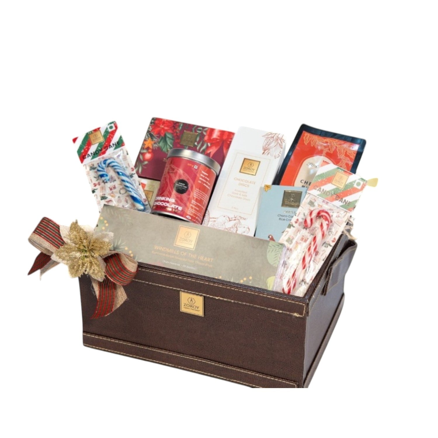 ZOROY LEATHER FEEL CLUB BASKET LARGE | Plum cake | candy canes| gingerbread cookies | raisin and rum flavored chocolate| Drinking chocolate | Ideal for Holiday Christmas New Year and Corporate Gifts