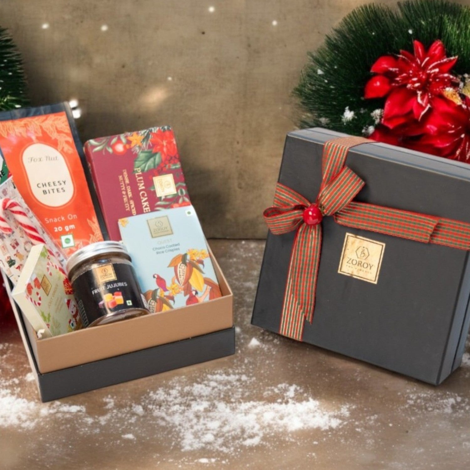 ZOROY SEASONAL PREMIUM BOX HAMPER |Rich eggless plum cake | candy cane | snack pack |veg jujubes| gingerbread cookies | chocolates | Ideal for Holiday Christmas New Year and Corporate Gifts